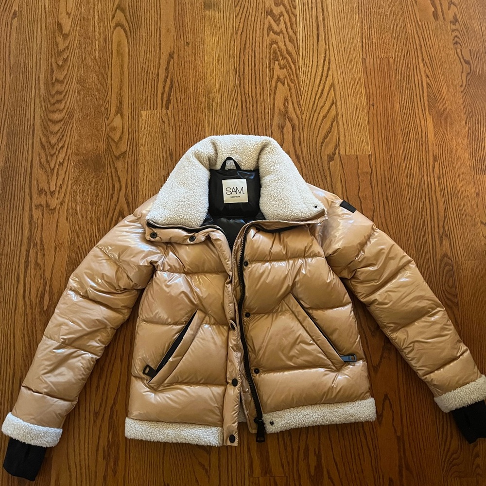 SAM. Tan Puffer Jacket with Shearling Collar